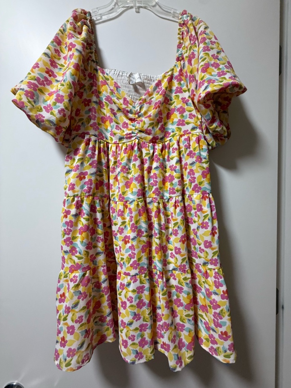 Floral Tiered Mini Dress in Pink and Yellow